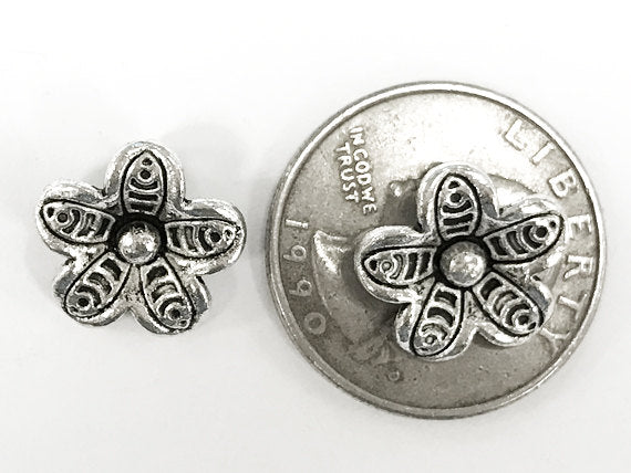 25 Pc Thai Hill tribe Flower Charms 14mm, Antique Silver Pewter, karen Silver flower charms - PP112 - BeadPrism