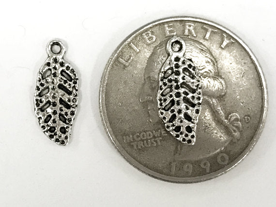 25 Pc Leaf Charms 15.5mm Antique Silver Finish Pewter, bracelet charms, silver Nature charms - PP113 - BeadPrism