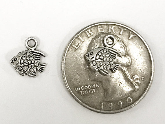 25 Pc Fish Charm 10.5mm, Antique Silver Finish Pewter, double sided fish earring charms - PP107 - BeadPrism