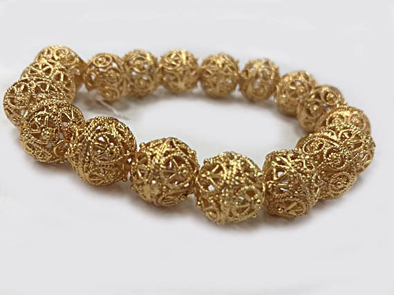 12mm 24K Gold Plated Copper Bead 7.5" Strand 18 Beads 2.2mm Hole Ornate Design Anti Tarnish - GPC001 - BeadPrism