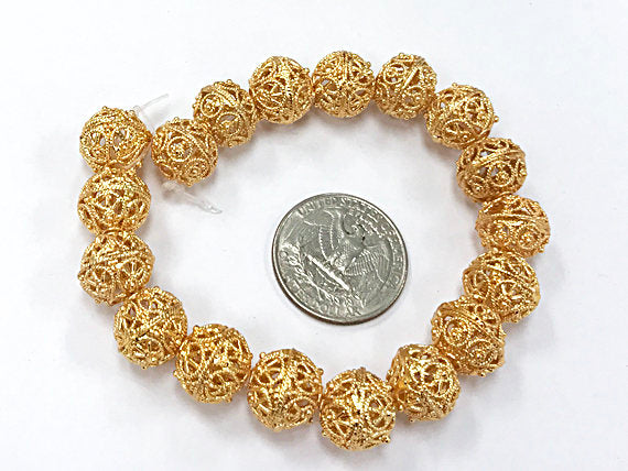 12mm 24K Gold Plated Copper Bead 7.5" Strand 18 Beads 2.2mm Hole Ornate Design Anti Tarnish - GPC001 - BeadPrism