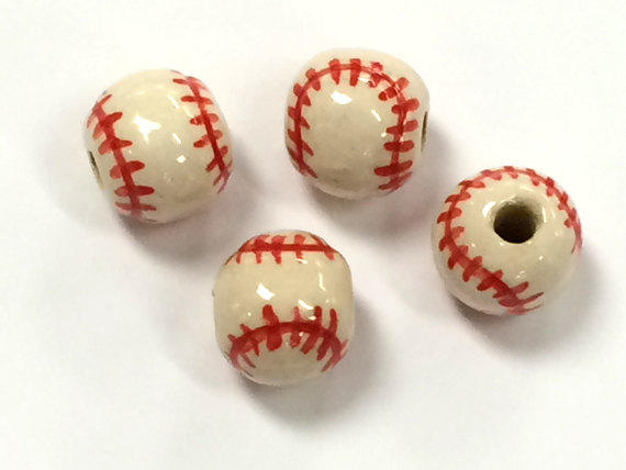 100pc 13mm Ceramic Baseball Sports Beads with Red stitches - Hand Painted DS232-100 - BeadPrism