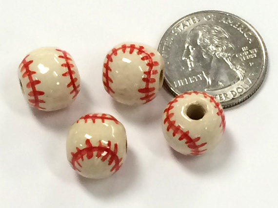 100pc 13mm Ceramic Baseball Sports Beads with Red stitches - Hand Painted DS232-100 - BeadPrism