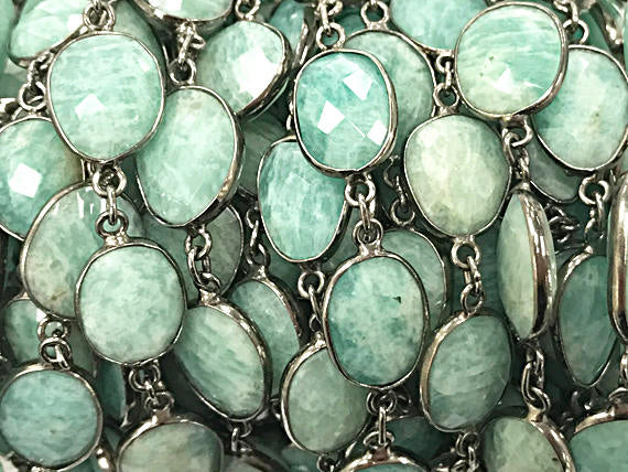 Bezel Gemstone Chain, Amazonite Faceted 15mm Oxidized, Sterling silver Bezel Chain 1 Feet - CHGS30 - BeadPrism
