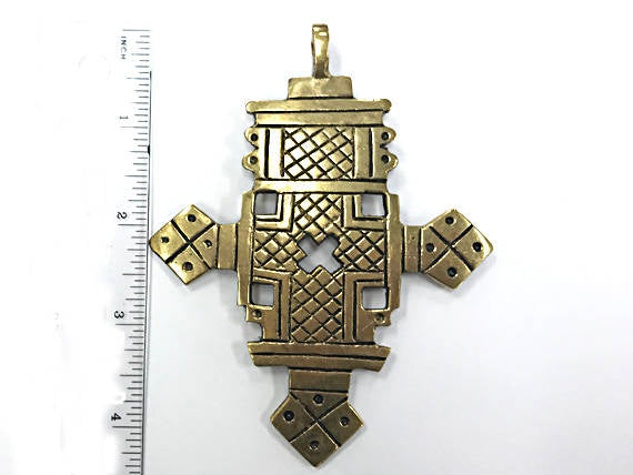 Extra Large Brass Ethiopian Cross Pendant 4.5 Inch approx - TP107E - BeadPrism