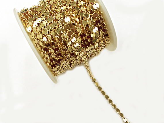 14K Gold Filled 4mm Disc link Lariat Chain, 14K Nude Sequine Chain by Foot, Choose Quantity - GC387 - BeadPrism