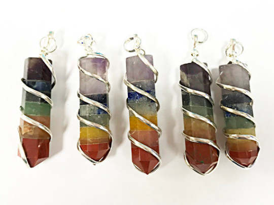 Gemstone 7 Chakras Pencil point pendants, 1.75 inch Healing gemstone Crystal jewelry - DP5-CW - BeadPrism