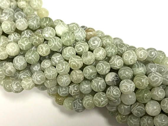 8mm Carved Jade Round, Full strand 48 Beads, Gemstone Beads, seafoam Green - SJA204 - BeadPrism