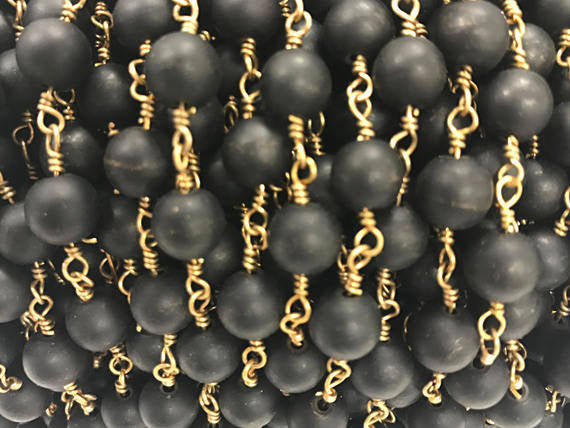 40%OFF 10Ft 8mm Black Matte Seaglass Gold Plated Wire Wrapped Rosary Bead Chain by Foot -CH255-10 - BeadPrism