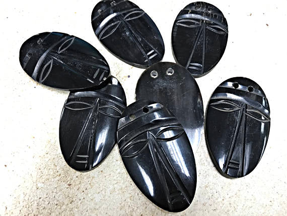 Bone/Horn Black Mask Pendant 2.5", 3mm Hole Carved tribal Pendant, African Face Mask Pendant - HF1 - BeadPrism