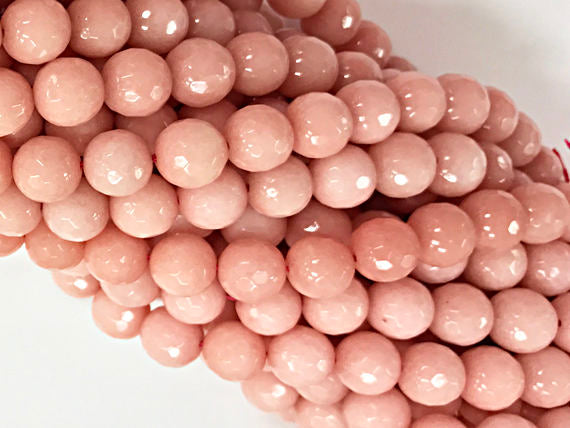 10mm Coral Pink Jade Round Gemstone Beads, Faceted 15" Strand, 38 pcs, blush Gemstone beads - SJA205 - BeadPrism