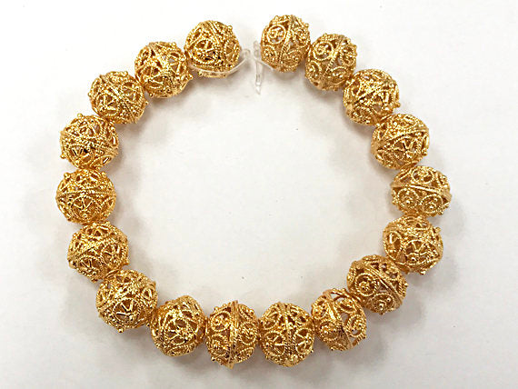 12mm 24K Gold Plated Copper Bead 7.5" Strand 18 Beads 2.2mm Hole Ornate Design Anti Tarnish - GPC001 - BeadPrism