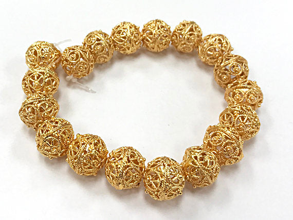 12mm 24K Gold Plated Copper Bead 7.5" Strand 18 Beads 2.2mm Hole Ornate Design Anti Tarnish - GPC001 - BeadPrism