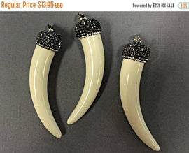 Pave Black Diamond Rhinestone Capped Bone Horn Tusk Pendant Cream 3.25