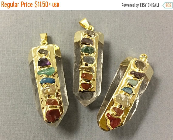 Chakra Crystal Quartz Pendant, Inlaid gemstones, Gold capped, 1.75 inch approx, - BeadPrism