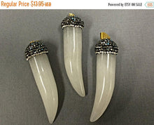 Load image into Gallery viewer, Pave Black Diamond Rhinestone Capped Agate Horn Tusk Pendant Cream 2.25" 58x19mm Tibet Horn - AP408 - BeadPrism