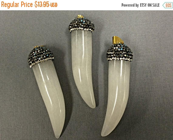 Pave Black Diamond Rhinestone Capped Agate Horn Tusk Pendant Cream 2.25" 58x19mm Tibet Horn - AP408 - BeadPrism
