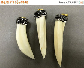 Pave Black Diamond Rhinestone Capped Shell Tibet Horn Tusk Pendant Cream 2.50" 65mm x 19mm - AP403 - BeadPrism