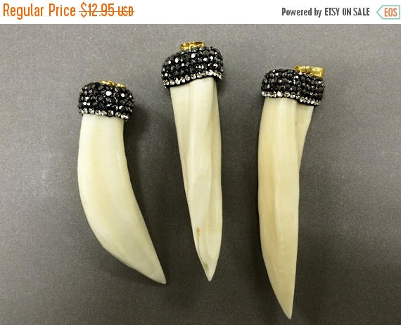 Pave Black Diamond Rhinestone Capped Shell Tibet Horn Tusk Pendant Cream 2.50" 65mm x 19mm - AP403 - BeadPrism