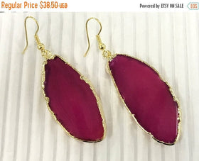 Fuchsia Earrings, Agate Slice Earrings, 14K Gold Filled Earwires, Gold Edged Agate Earrings - E102 - BeadPrism