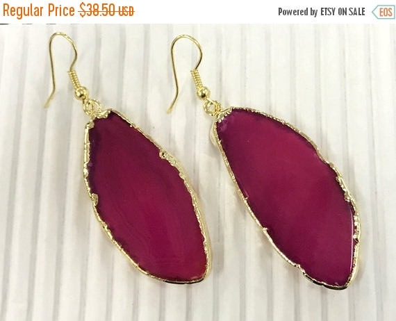 Fuchsia Earrings, Agate Slice Earrings, 14K Gold Filled Earwires, Gold Edged Agate Earrings - E102 - BeadPrism
