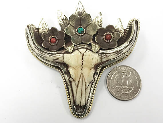 Nepal Cattle Skull with flowers 3" Longhorn Buffalo Pendant Indian Charm detail work on back - AP464 - BeadPrism