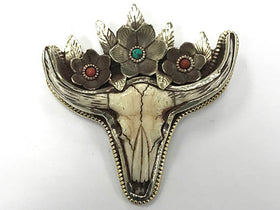 Nepal Cattle Skull with flowers 3" Longhorn Buffalo Pendant Indian Charm detail work on back - AP464 - BeadPrism