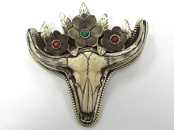 Nepal Cattle Skull with flowers 3" Longhorn Buffalo Pendant Indian Charm detail work on back - AP464 - BeadPrism