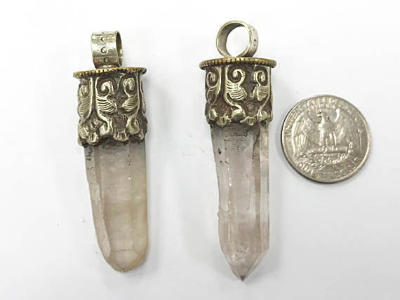 Himalayan Luxe Crystal quartz Pendant, Silver Cap 2.5" 7mm Hole, Nepal point crystal pendant - AP465 - BeadPrism