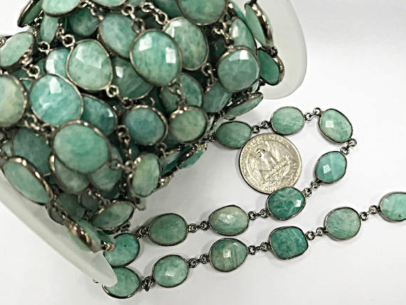 Bezel Gemstone Chain, Amazonite Faceted 15mm Oxidized, Sterling silver Bezel Chain 1 Feet - CHGS30 - BeadPrism