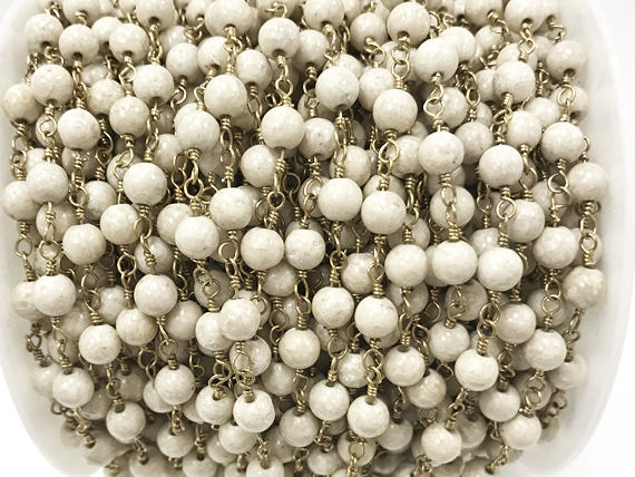 Fossil Stone Chain, 6mm Fossil Stone Wire Wrapped Gold Wire, Rosary Chain By Foot 1 foot - CH256 - BeadPrism