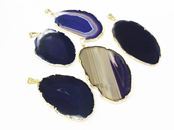Agate Slice Druzy Pendant Edged in 18K Gold, Purple agate slice gold edged pendant - DP9-AS-Purple - BeadPrism