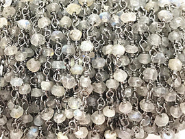 Labodorite 3mm Faceted Gunmetal Plated Wire Wrapped Chain 3 Feet Black Rosary chain - CHGS12-LB - BeadPrism
