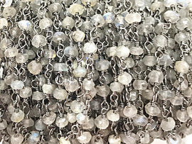 Labodorite 3mm Faceted Gunmetal Plated Wire Wrapped Chain 10 Feet Rosary chain - CHGS12-LBGM-10 - BeadPrism