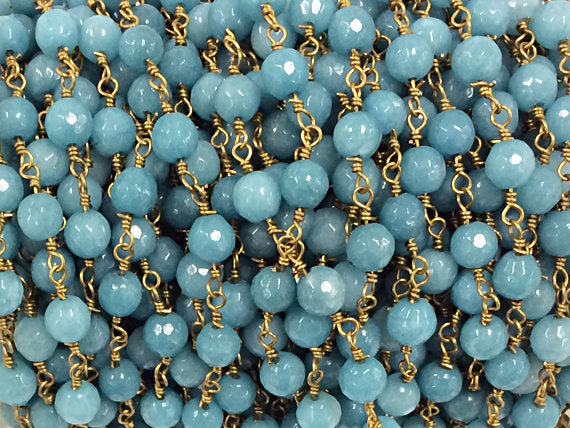 3 Feet 6mm Blue Jade Wire Wrapped Chain faceted Round Jade Gemstone Beads, Chain by Foot - CHGS21 - BeadPrism