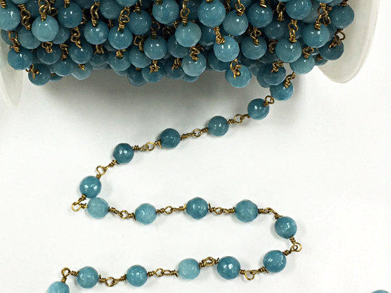 3 Feet 6mm Blue Jade Wire Wrapped Chain faceted Round Jade Gemstone Beads, Chain by Foot - CHGS21 - BeadPrism