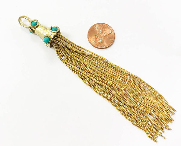 Gold Tassel Pendant, Large 5" Turqiouse 7 Gemstones, Jewelry Tassels, Gemstone Tassels - HP107T - BeadPrism