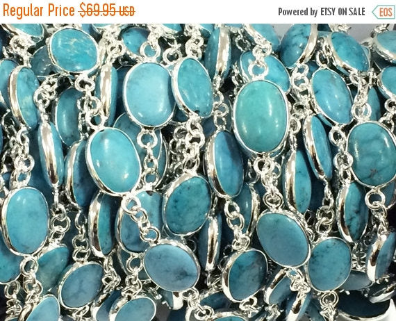 3 Foot Turquoise Howlite Bezel Connector Chain Silver Plate - CH158-Turq-3 - BeadPrism