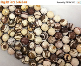 10mm Faceted Zebra Jasper cream brown gemstone 37 beads AAA quality, 15" strand - SJAS120 - BeadPrism
