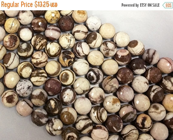 10mm Faceted Zebra Jasper cream brown gemstone 37 beads AAA quality, 15" strand - SJAS120 - BeadPrism