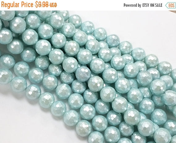 25% OFF 12mm Aqua Blue Faceted Round Shell Pearl Bead Full Strand - 34 beads- SPRL103 - BeadPrism
