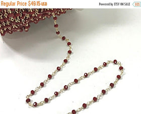 10 Feet 4mm Red Crystal Gold Brass Wire Wrapped Chain by Foot, Rosary Bead Chain - CH252-10 - BeadPrism