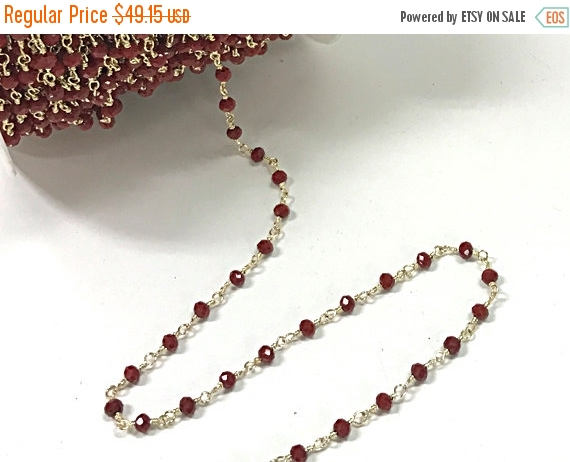 10 Feet 4mm Red Crystal Gold Brass Wire Wrapped Chain by Foot, Rosary Bead Chain - CH252-10 - BeadPrism