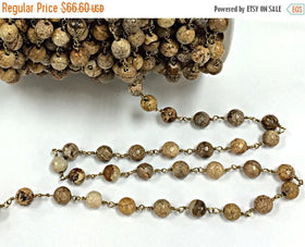 10 Feet 8mm Picture Jasper Faceted Round Gemstone Chain By foot, Antique Gold Wire - CH230-10 - BeadPrism