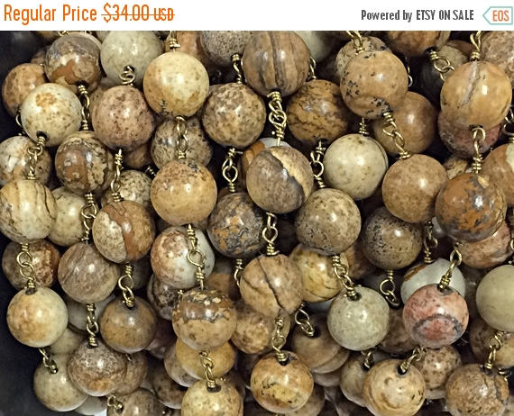3 Feet 10mm Picture Jasper Round Gemstone Chain By foot, Picture Jasper chains, Gold Wire - CH231-3 - BeadPrism