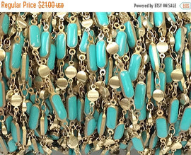 3 Feet Turquoise Enameled Rectangle Bars Station Chain Brass Beaded Bohemian Chain by foot - CH153-3 - BeadPrism