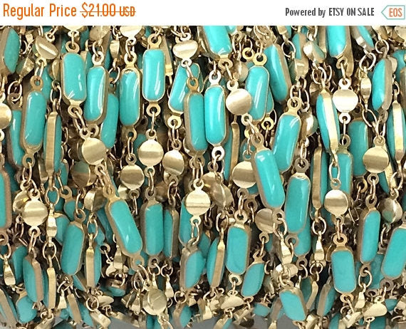 3 Feet Turquoise Enameled Rectangle Bars Station Chain Brass Beaded Bohemian Chain by foot - CH153-3 - BeadPrism