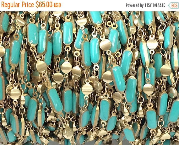 10 Ft Turquoise Enameled Rectangle Bars Station Chain Brass Beaded Bohemian Chain by foot - CH153-10 - BeadPrism
