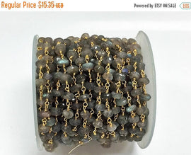 Labodorite wire wrapped chain, 5-6mm faceted Gold Plated wire, Rosary Chain 1 Foot - CHGS-LBGW - BeadPrism