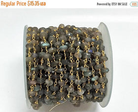Labodorite wire wrapped chain, 5-6mm faceted Gold Plated wire, Rosary Chain 1 Foot - CHGS-LBGW - BeadPrism